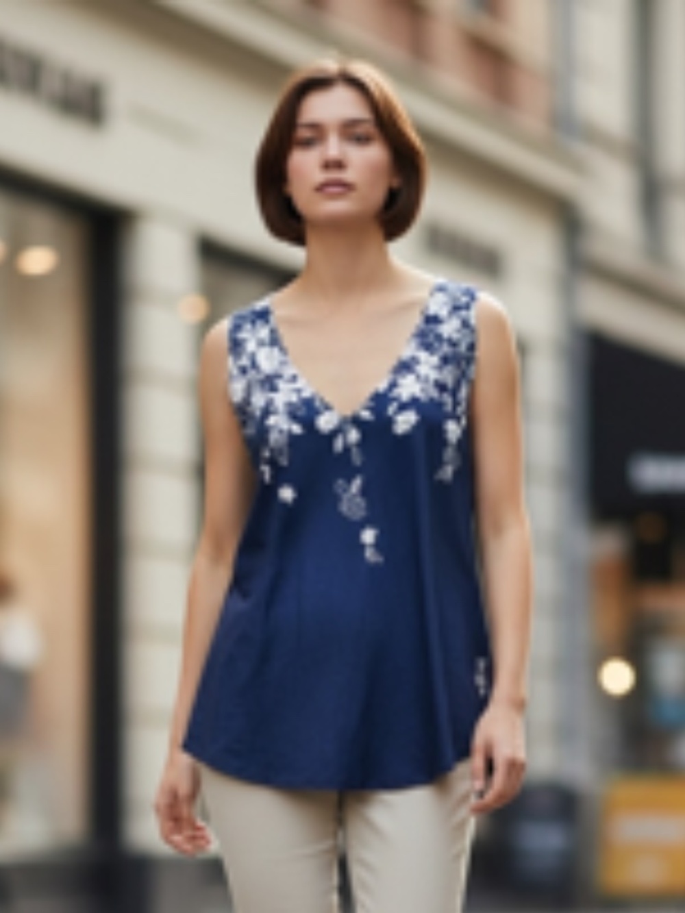 Exclusive Deep V-Neck Slightly Curved Hem Vine Floral Pattern Relaxed Top Sz XL